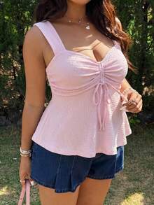 Muchica Plus Size Women Solid Color Pleated Casual Versatile Daily Outing Blouse - Baby Pink - View 7