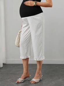 Momance Maternity Pants With Belly Support, Straight Leg, Frill Trim, Polka Dot Digital Print, Cropped Length Photoshoot Summer - White - View 3