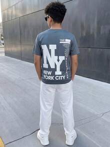 SHEIN Setelan Kaos Lengan Pendek Kerah Bulat dengan Cetakan Huruf di Bagian Belakang dan Celana Panjang dengan Saku untuk Anak Laki-Laki (Tween Boy) - Biru - View 3