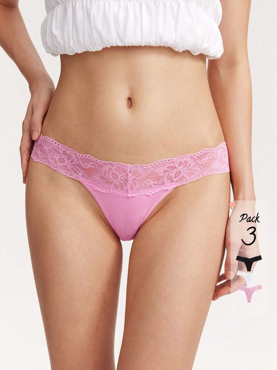 Elorette Set de 3 tangas de moda con parches de encaje de unicolor sin costuras - Multicolor - Ver 1