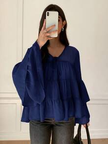 Solavon Camisa de vacaciones versátil con volantes en el bajo y lazo delantero para mujer - Azul Marino - Ver 8