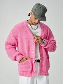 ÉpureWay 男士休闲纯色双口袋开衫，秋冬纯色落肩亮粉色粗针休闲都市开衫，送给丈夫、男友的礼物，长袖上衣 - 玫紅色 - 查看 7