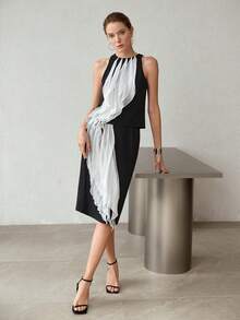 MOTF PREMIUM CONTRAST COLOR RUFFLE SLEEVELESS TOP AND SKIRT 2 PIECES SET - Black - View 3