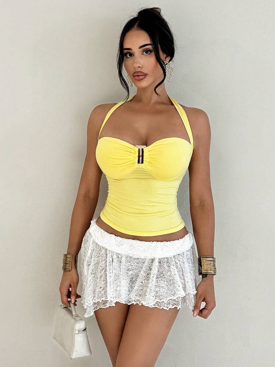 Sirith Bestselling Sleeveless Fitted Crop Top, Elegant Tropical Solid Color Blouse For Women Holiday Beach Vacation Yellow Summer - Yellow - View 1
