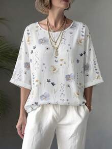 SHEIN Holidaya Women's Floral Print Round Neck 3/4 Sleeve Loose Casual Boho T-Shirt Vacation White Floral Summer - White - View 1