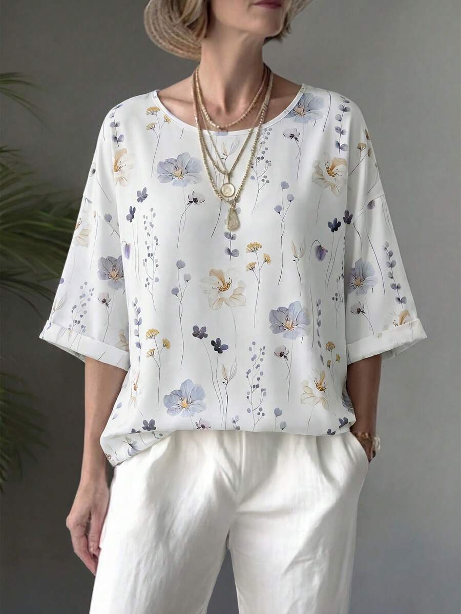 SHEIN Holidaya Women's Floral Print Round Neck 3/4 Sleeve Loose Casual Boho T-Shirt Vacation White Floral Summer - White - View 1