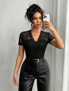 SHEIN Raffinéa Women's Elegant Lace Sexy Sheer Black Tank Top - Black - View 1