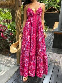 Sunnyshic Women's Spring/Summer Casual Vacation Fashion Street Daily Versatile Bohemian Paisley Print Backless Halter Tie Bow Long Dress - Hot Pink - View 4