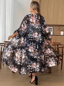 SHEIN CURVE+ 大尺碼休閒寬鬆透視開襟外套，百搭日常穿著，花卉和服風長版開襟，初秋旅行度假款 - 彩色 - 查看 2