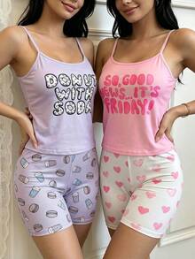 Setelan Piyama 4 Potong Wanita Motif Kata-kata Bahasa Inggris, Atasan Camisole, Hati, Burger, dan Celana Pendek Motif Teh Susu, Pakaian Santai Pas Badan Cocok untuk Pakaian Rumahan Musim Panas - MultiWarna - View 7