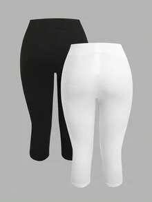 SHEIN Girlism 青少年女孩 2件組黑色與灰色七分緊身休閒內搭褲，適合夏季與秋季 - 黑與白 - 查看 2