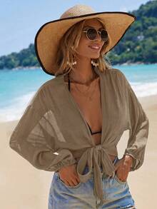 Swim Vcay Kimono corto de unicolor con nudo delantero para cubrir la ropa de playa en vacaciones - Caqui - Ver 5