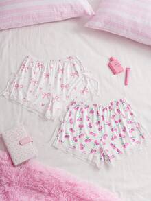 SweetSlumber 2 Peças Shorts Femininos com Estampa de Cereja e Laço, Barra Dividida, Doce e Fofo - Multicolorido - Visão 1
