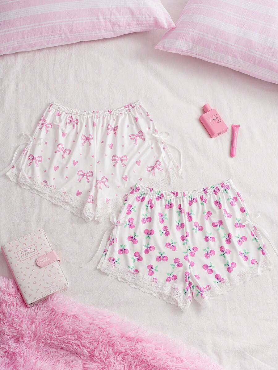 SweetSlumber 2 Peças Shorts Femininos com Estampa de Cereja e Laço, Barra Dividida, Doce e Fofo - Multicolorido - Visão 1