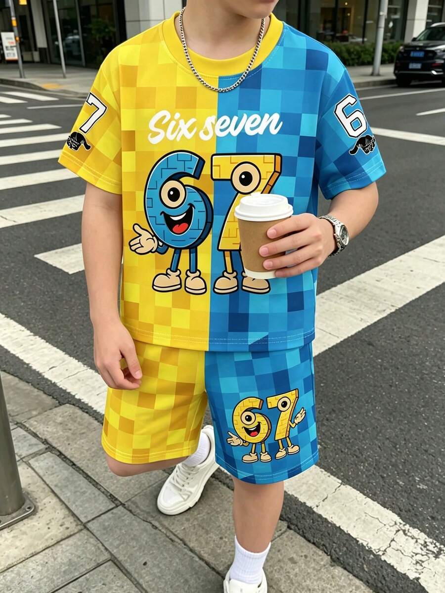 青少年男孩卡通數位印花短袖圓領T恤與格紋短褲套裝,休閒出遊上學穿搭 - 彩色 - 查看 1