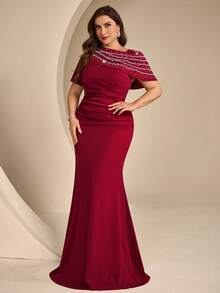 Coutiva Asymmetric Neck Short Sleeve Ruched Beaded Elegant Slim Sexy Mermaid Long Formal Evening Gown Plus Size Heavy Workmanship Wedding Dinner Red Spring - Burgundy - View 3