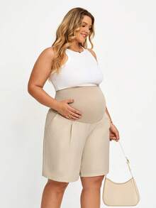 Plussiva 大尺碼孕婦可調腰圍休閒百搭日常短褲 - 卡其色 - 查看 3