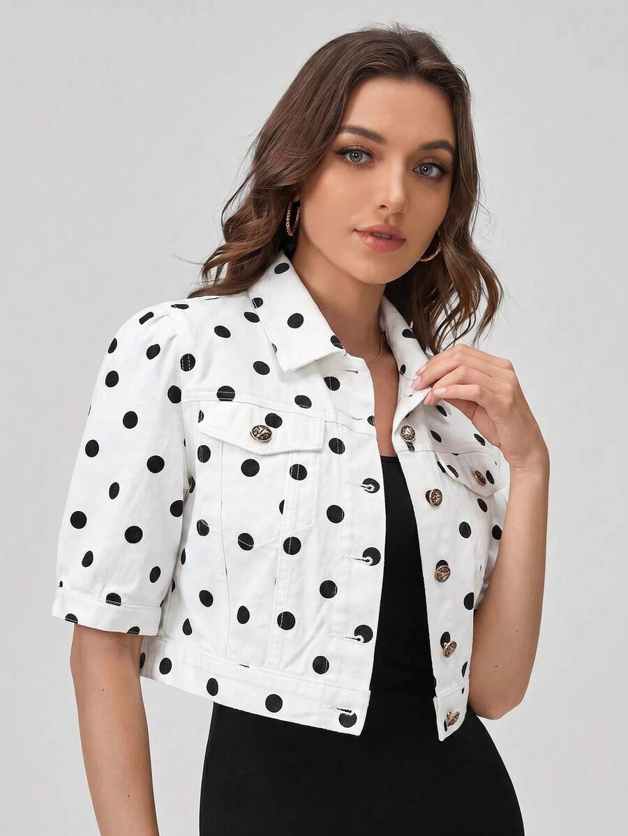SHEIN EZwear 女款波點單排扣休閒百搭日常牛仔夾克 - 駝色 - 查看 1