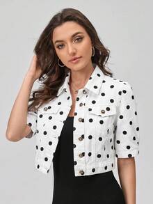 SHEIN EZwear 女款波點單排扣休閒百搭日常牛仔夾克 - 駝色 - 查看 5