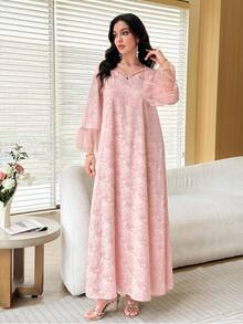 Al Najma Spring Summer Pink Mesh Patchwork Loose Slimming Dress - Pink - View 5