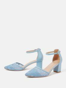 CUCCOO HITCHD White Lace Pointed-Toe Block Heels. Elegant Bridal Shoes For Wedding, Party, Prom And Holidays. Stylish Picks For Spring & Special Events. - Light blue - View 9