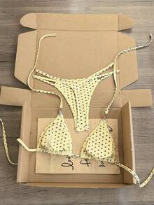 Swim Vcay Bikini sexy para mujer primavera/verano 2026, copa triangular con cuello halter, estampado de lunares amarillos con decoración de girasol, estilo dulce y lindo, diseño fruncido con cordón, corte alto, adecuado para playa, y piscina - Multicolor - Ver 3