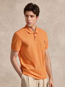 Courvante Golf Men's Casual Flap Pocket Button-Up Short Sleeve Polo Shirt, Summer Men Clothing, Orange Golf - Orange - View 4