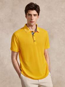 Courvante Golf Men's Summer Casual Half-Button Short Sleeve Polo Formal Shirt, Ceremony - Yellow - View 6