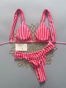 SHEIN Swim 女款性感海灘度假純色時尚掛脖繫帶＋後背繫帶比基尼上衣，性感抓皺後背＋側腰抓皺設計比基尼褲，街頭風音樂節派對泳池泳裝套裝 - 粉色 - 查看 2