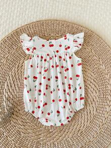 SHEIN LMoss Kids Baju Terusan Bayi Perempuan Baru Lahir Lucu Motif Buah Kasual Musim Panas dengan Lengan Bergelombang - Putih - View 2