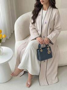 Veilorie Women's Embroidered Long Sleeve Loose Fit Arabic Decent Casual Modest Elegant Abaya Formal Beige Allover White Fall Christening Guest Office Ninang - Apricot - View 4