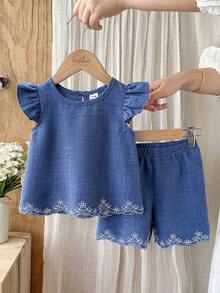SHEIN 嬰兒男童女童中性 0-3 歲 2 件組休閒刺繡印花圖案，春夏季鄉村風女嬰上衣，女嬰度假套裝，女嬰鄉村風服飾 - 中等水洗藍 - 查看 3