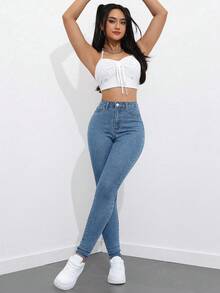 SHEIN EZwear 大尺碼女款街頭休閒彈性舒適深藍色牛仔緊身牛仔褲 - 淺色水洗藍 - 查看 8