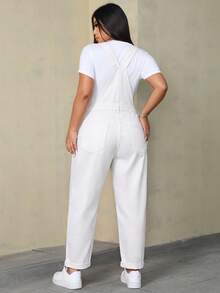 SHEIN ICON 大尺碼女款純色口袋鈕扣設計休閒牛仔連身褲 - 白色 - 查看 2