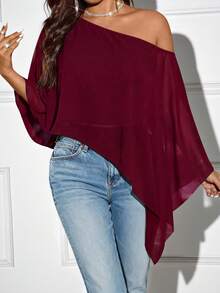 Femmeverse Plus Size Women's Solid Color Asymmetric Hem Loose Fit One Shoulder Blouse - Burgundy - View 6