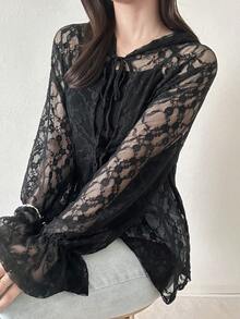 FRIFUL 女款杏色寬鬆透視蕾絲喇叭袖罩衫背心上衣 春夏款 - 黑色 - 查看 5