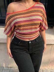 Hourglow Bohemian Boho Burnt Orange Sequin Asymmetrical Neck Short Sleeve Plus Size Top, Perfect For Spring/Summer Holidays Vacations, For Hourglass Body Shape - Multicolor - View 5