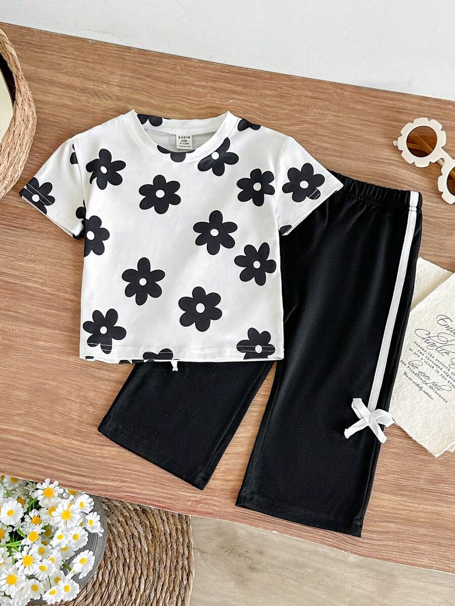 SHEIN 2pcs/Baby Girl's Summer Casual Two Pieces Set: Short-Sleeved Casual Floral Print Patchwork Top With Ribbon Bow And Long Pants - Black - View 1