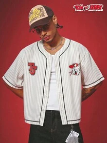 TOM & JERRY X SHEIN PAVTROS Men's Summer Casual Striped Letter Print Shirt - White - View 2