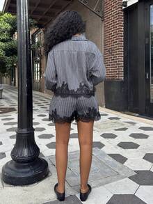 Alexandranx Urban Casual Lace Asymmetric Hem Patchwork Striped Short Shirt And Shorts Set, Black Lace Decor Women 2 Pieces Shorts Set Shirt Set, Holiday Outfits, Casual , Beach Outfits For Women, Elegant Dress Women , Beach Shorts, Spring Break Outfits , Two-Piece Commuter Set,Grey Striped Set 2 Piece Sets Woman Classy - Grey - View 2