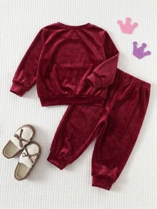 Cozy Pixies 女嬰字母皇冠刺繡天鵝絨圓領長袖套頭衛衣與彈性腰長褲2件套幼兒女童服飾，舒適百搭時尚可愛休閒簡約基礎款，適合秋冬室內、戶外、滑雪、開學、日常、運動、玩耍、派對、節慶等多種場合 - 酒紅色 - 查看 2