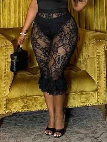 Slaydiva New Summer Sexy Sheer Lace Double Layer Ruffle Bow Decor Capris, Y2K Casual Street Style, Hot Girl Style, Sexy Streetwear, Perfect For Dates Cocktail - Black - View 4
