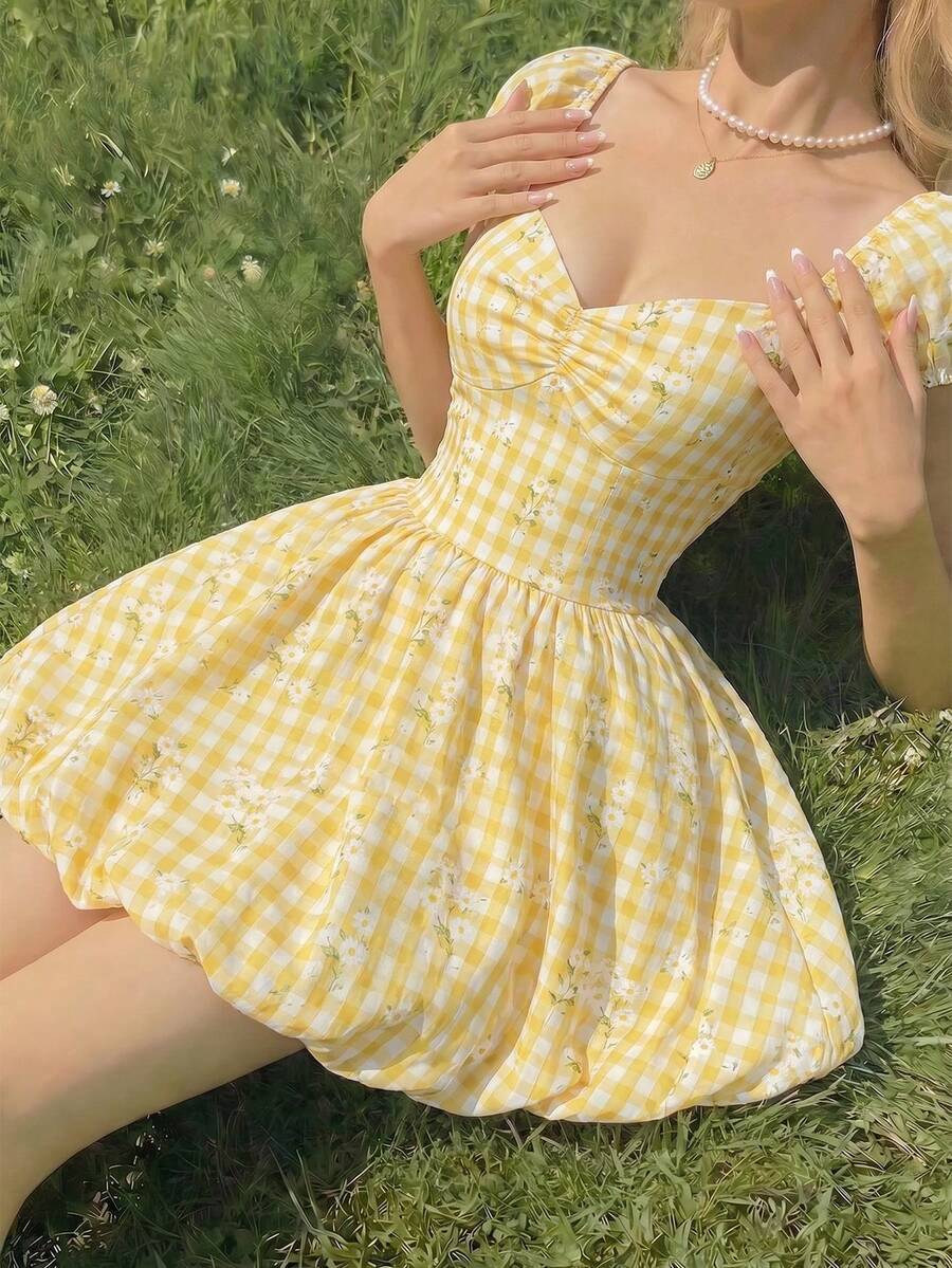 SHEIN MOD Women's Summer Casual Plaid & Ditsy Floral Mini Dress - Yellow - View 1