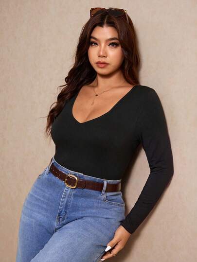 Elaquor Plus Size Women's Solid Color V-Neck Long Sleeve Slim Fit Casual T-Shirt Fall