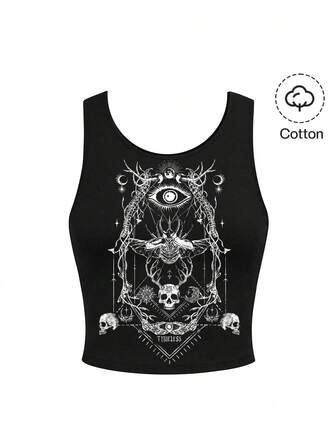 Grunge Punk Débardeur ajusté pour femmes, imprimé lune, soleil et étoiles gothique, mystérieux et sexy pour l'été