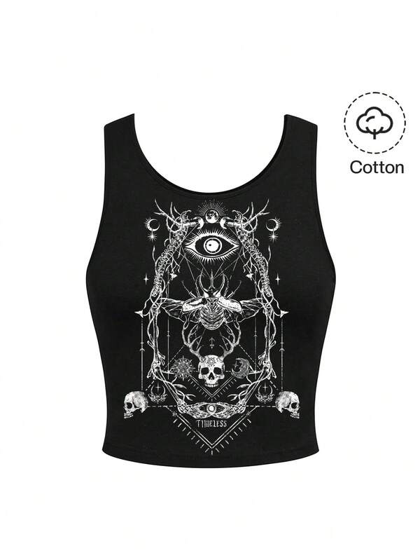 ROMWE Grunge Punk Women's Summer Casual Gothic Dark Mysterious Sexy Moth Sun Moon Star Print Fitted Camisole