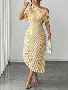 Roveilla Damen-Sommerkleid in Große Größen, elegant und raffiniert, mit asymmetrischer Schulter, Goldfolien-Plissee, Champagner-Gold, metallischem Glanz, asymmetrischem Ausschnitt, 2026 Sommerkleid, neues Kleid - Aprikosenfarben - Übersicht 9