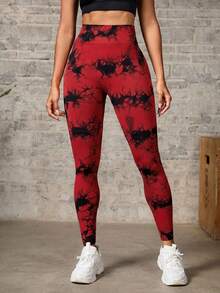 SHEIN Core Rhythm 女款高腰拼色休閒百搭日常穿著運動緊身內搭褲 - 紅色 - 查看 3