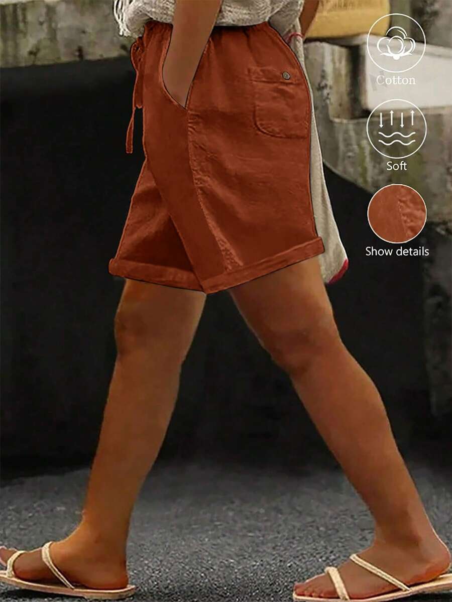 SHEIN EMERY ROSE CURVE 大尺碼女款短版水洗棉收腰後口袋鈕扣裝飾度假上衣 - 棕色 - 查看 1