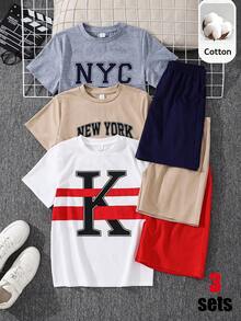 SHEIN 6件組兒童青少年男童休閒寬鬆字母印花圓領T恤與短褲兩件套，多件裝，適合通勤、上學、日常休閒、外出、運動，春夏季適用 - 彩色 - 查看 2